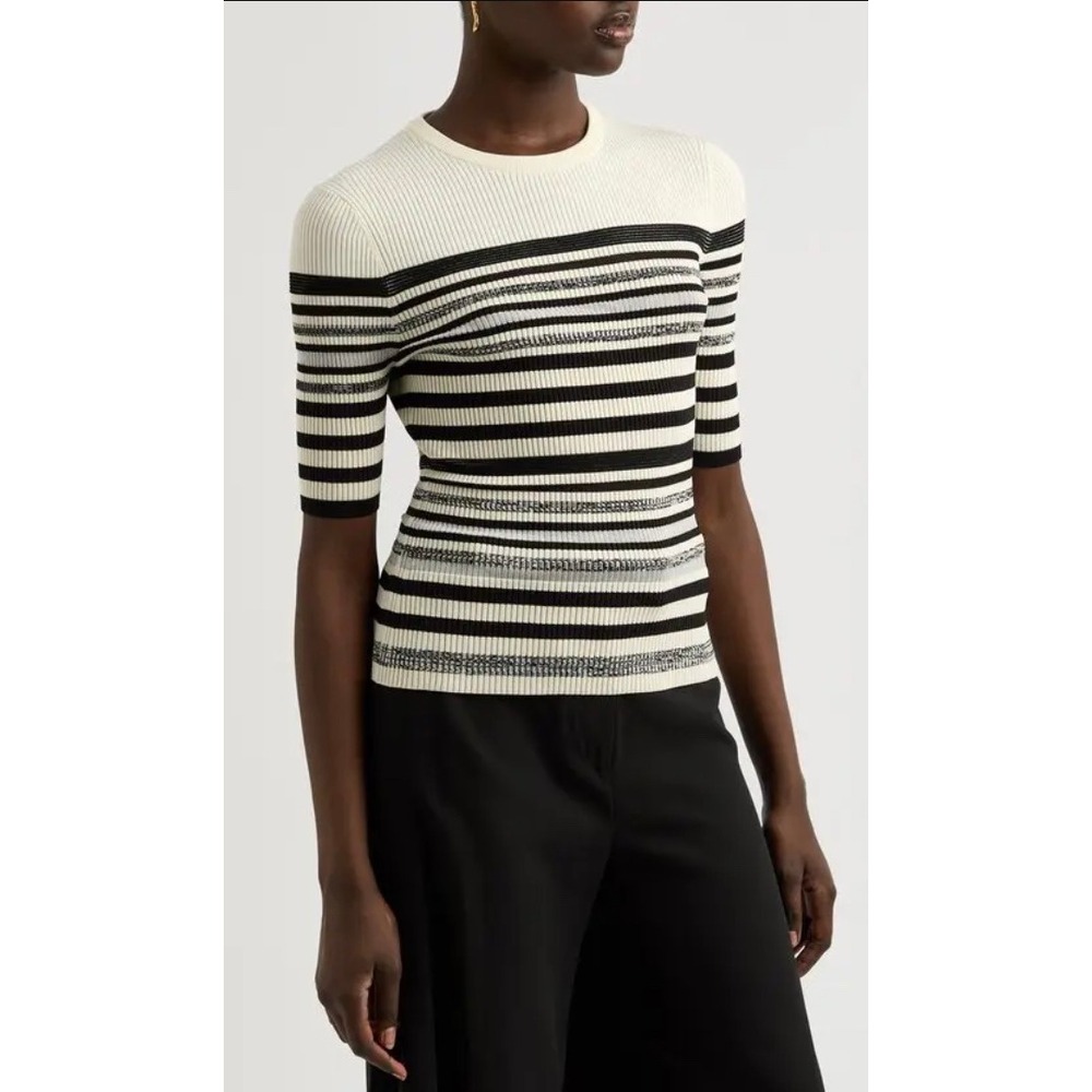 SIMKHAI Elena Striped‎ Ribbed Knit Top Black Ivory XS